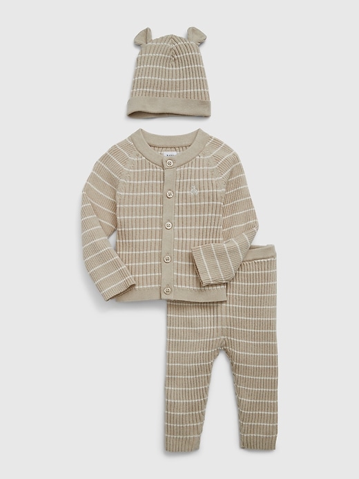 1 of 8 showing, with the color bedrock beige of product Baby First Favorites Sweater Outfit Set