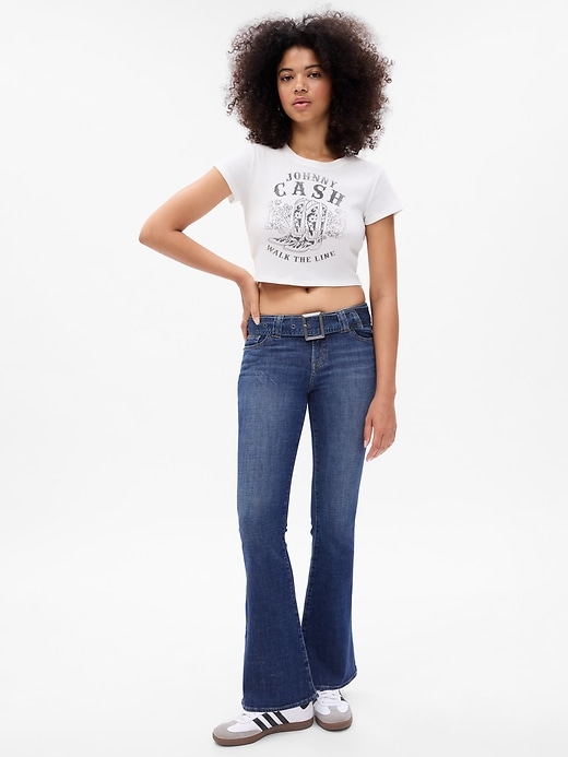 1 of 8 showing, with the color dark indigo of product Low Rise Y2K Flare Jeans