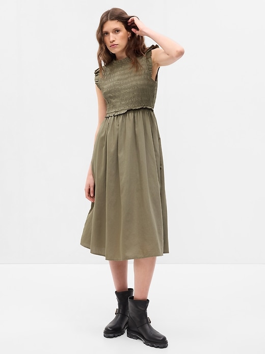 1 of 8 showing, with the color mesculen green of product Open-Back Smocked Midi Dress