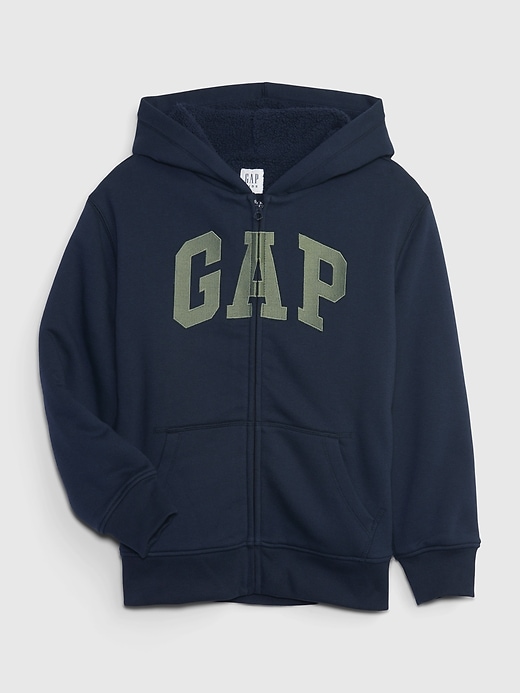 1 of 8 showing, with the color tapestry navy of product Kids Arch Logo Sherpa-Lined Zip Hoodie