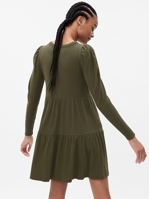 2 of 8 showing, with the color deep green of product Puff Sleeve Tiered Mini Dress