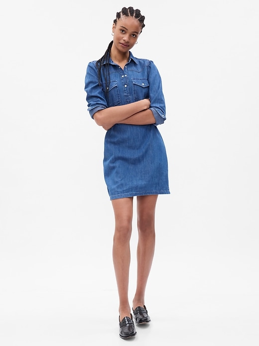 1 of 8 showing, with the color medium indigo of product Western Denim Mini Dress