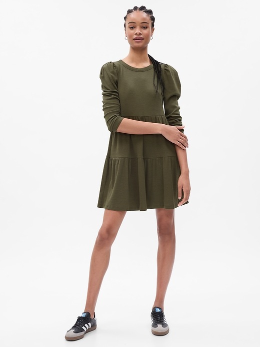 1 of 8 showing, with the color deep green of product Puff Sleeve Tiered Mini Dress