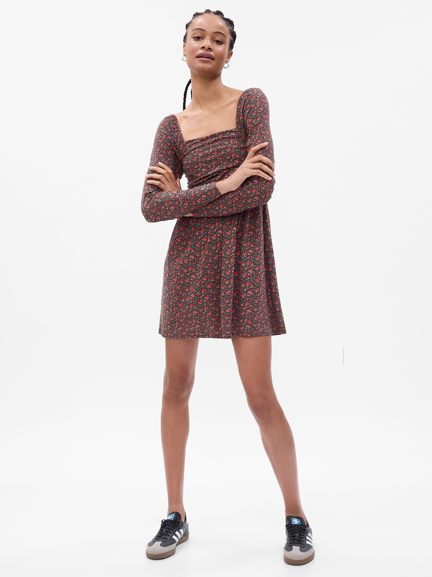 Gap Project  Ruched Mini Dress In Red Ditsy Floral