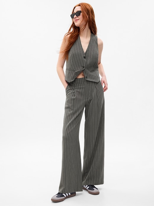 1 of 8 showing, with the color grey pinstripe of product High Rise Pleated Wide-Leg Trousers