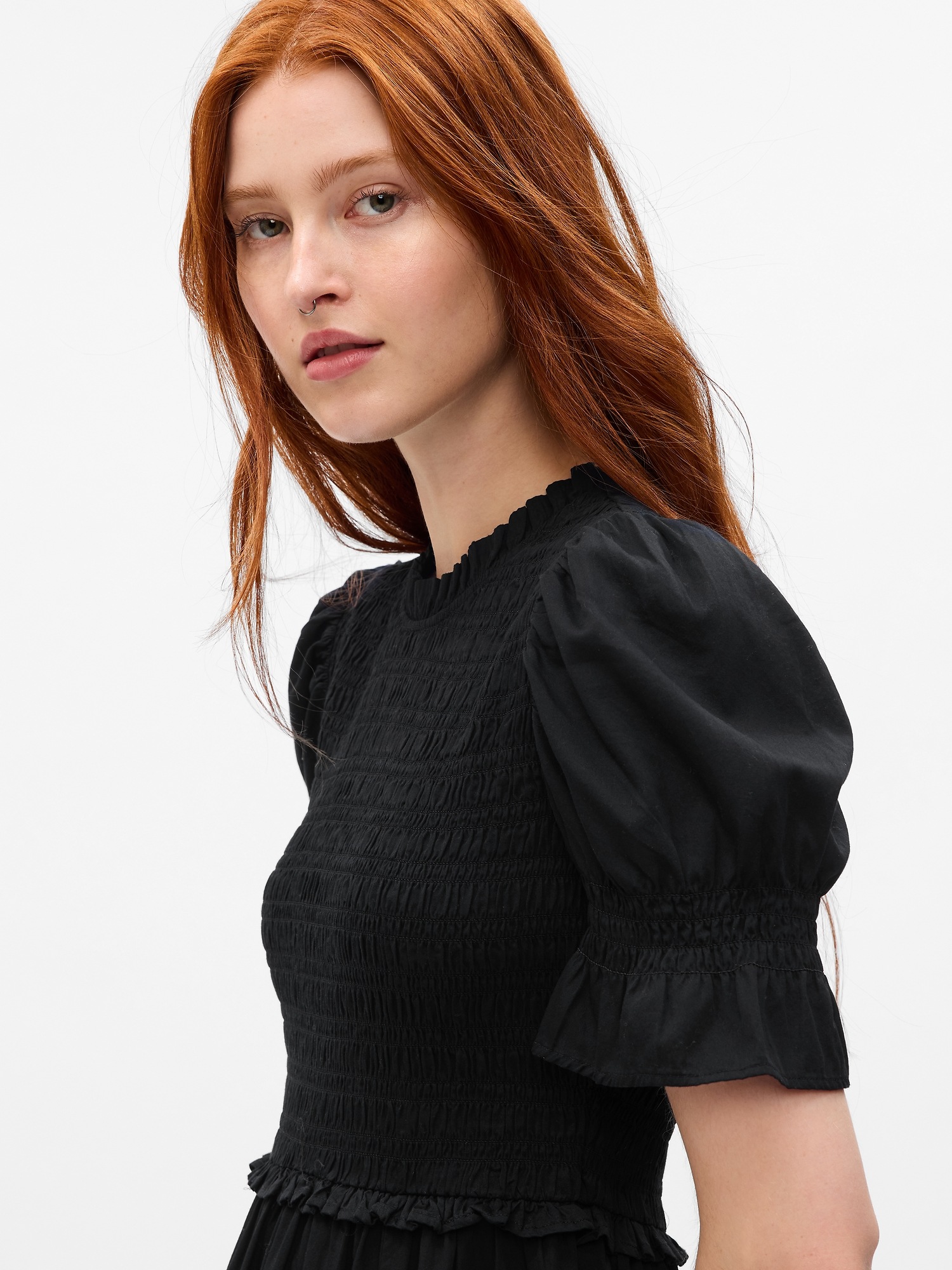 Puff sleeve smocked midi dress gap