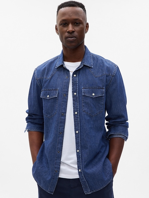 1 of 8 showing, with the color dark wash indigo of product Denim Western Shirt
