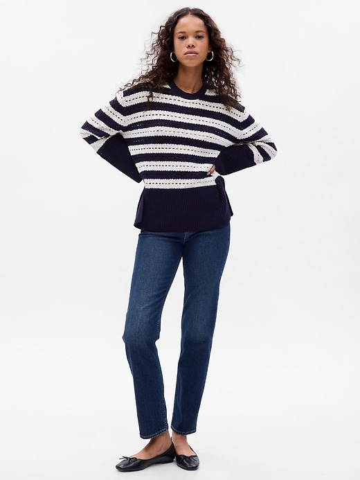 1 of 8 showing, with the color white & navy blue stripe of product 24/7 Split-Hem Crochet Sweater
