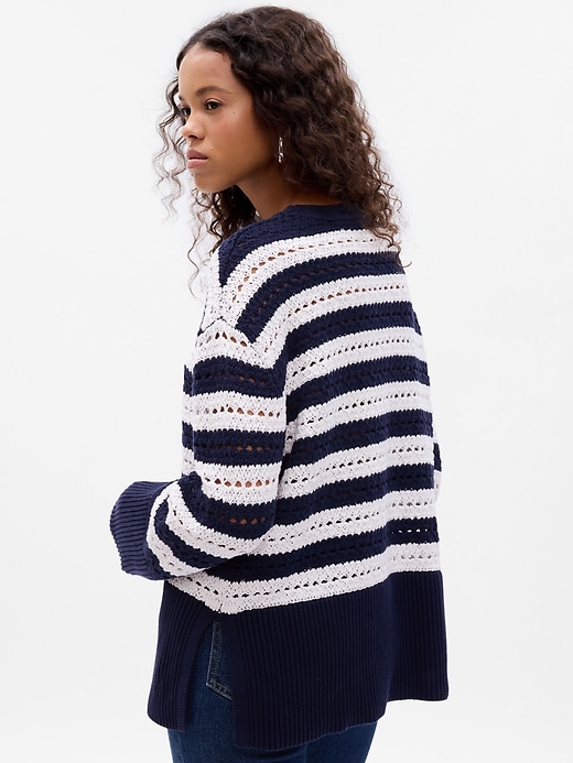 2 of 8 showing, with the color white & navy blue stripe of product 24/7 Split-Hem Crochet Sweater