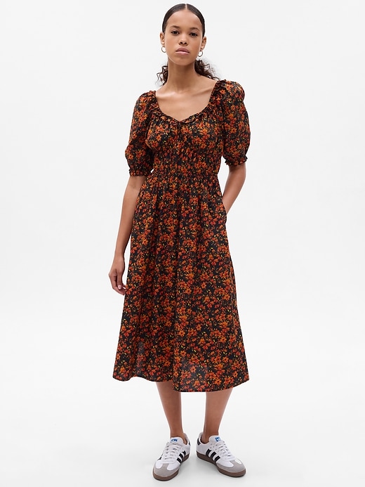 1 of 8 showing, with the color orange & black floral of product Puff Sleeve Midi Dress
