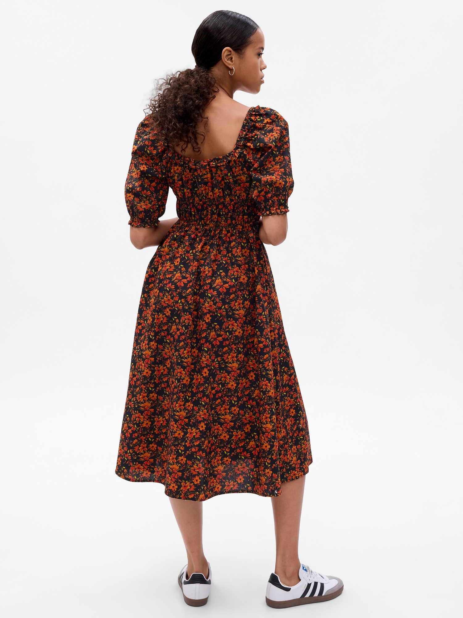 no introduction botanical print puff sleeve midi dress | black