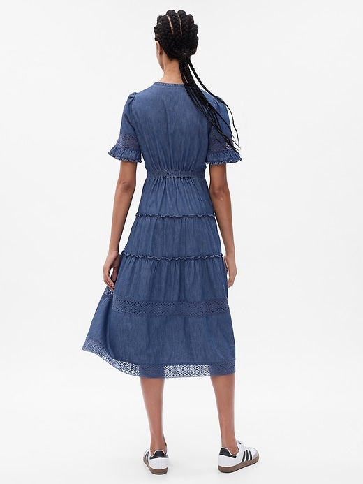 2 of 8 showing, with the color dark wash of product Gap × LoveShackFancy Denim Tiered Midi Dress