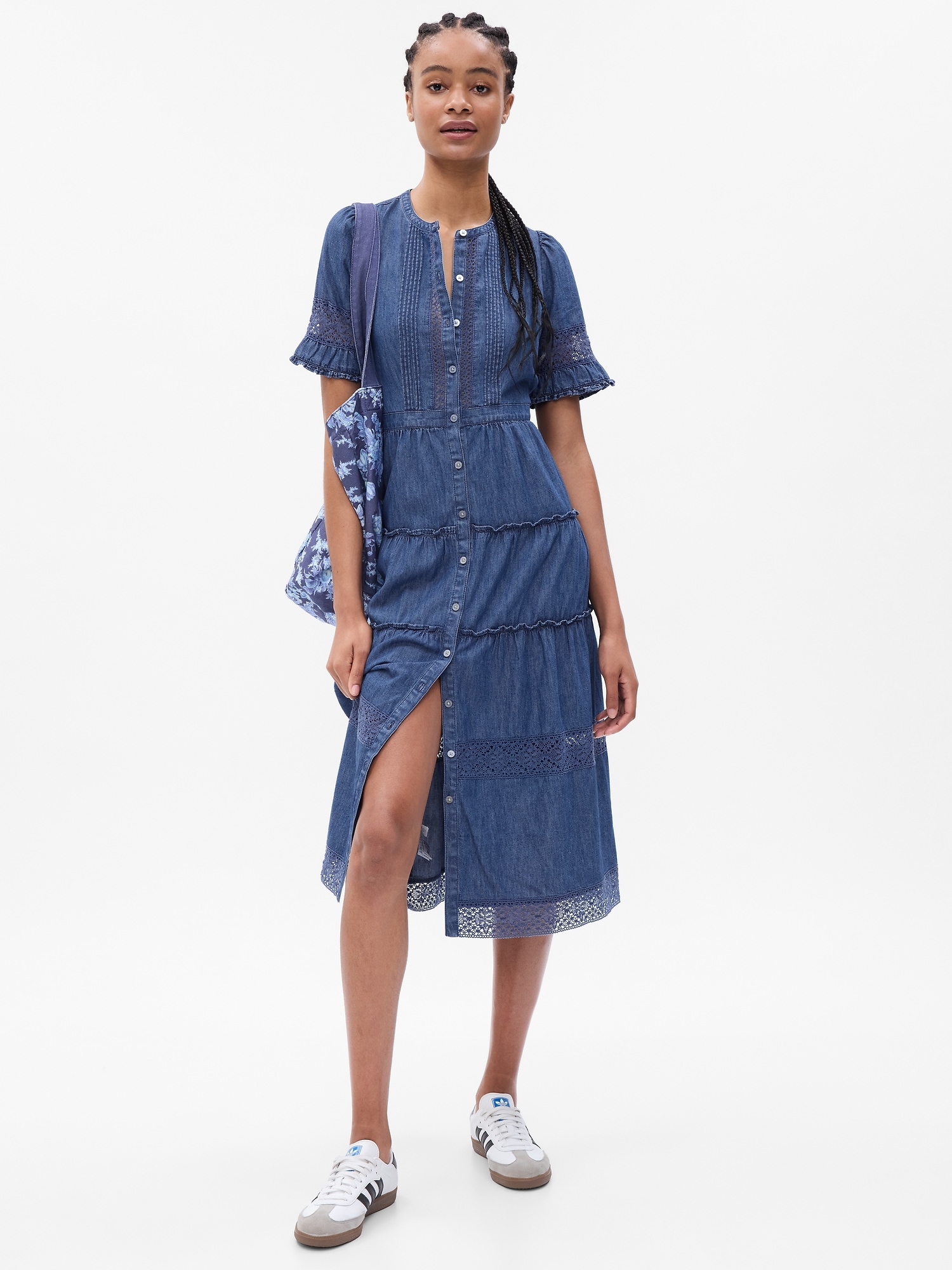 Gap × LoveShackFancy Denim Tiered Midi Dress