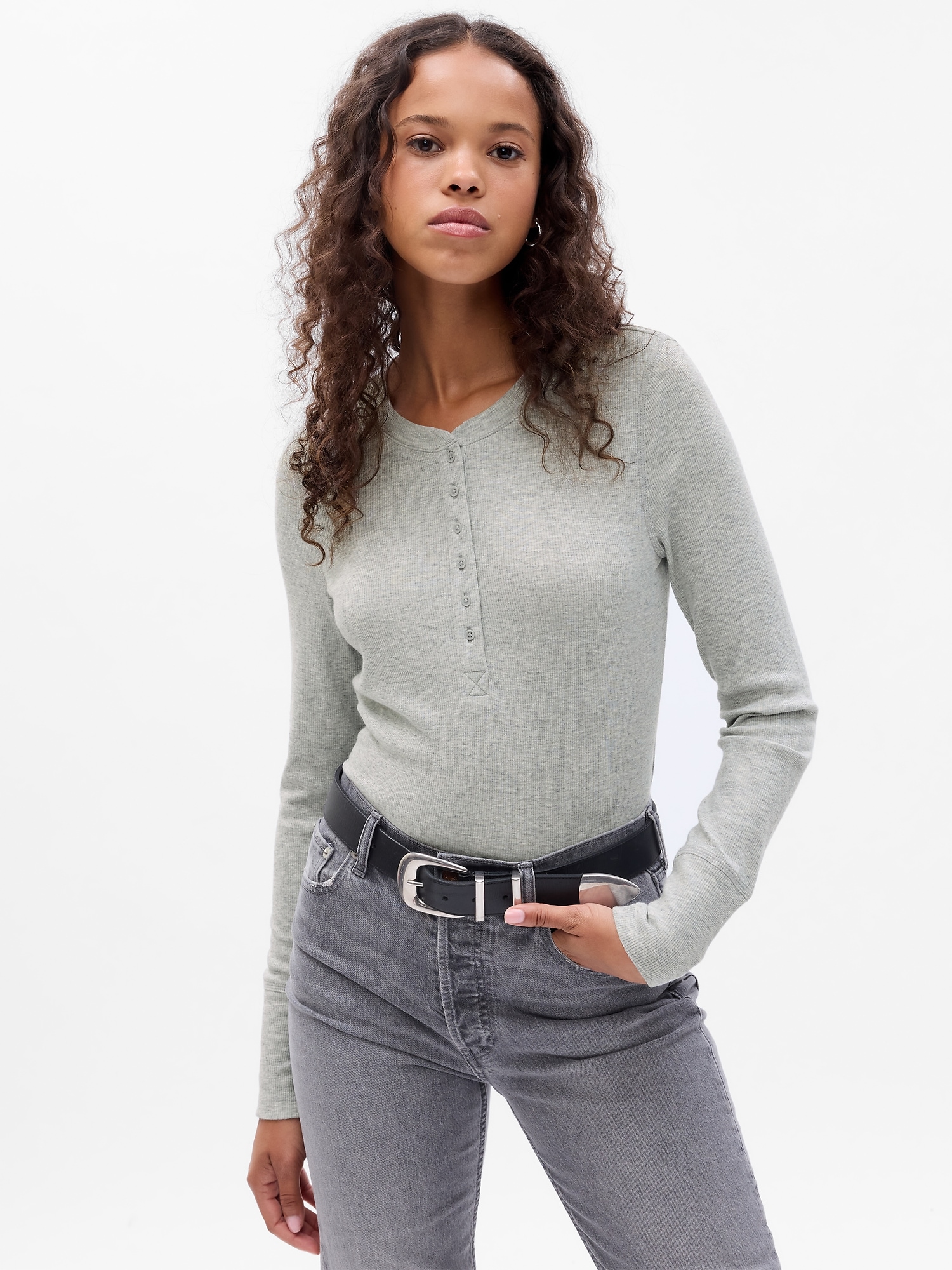 Slim Rib Henley Top, Grey