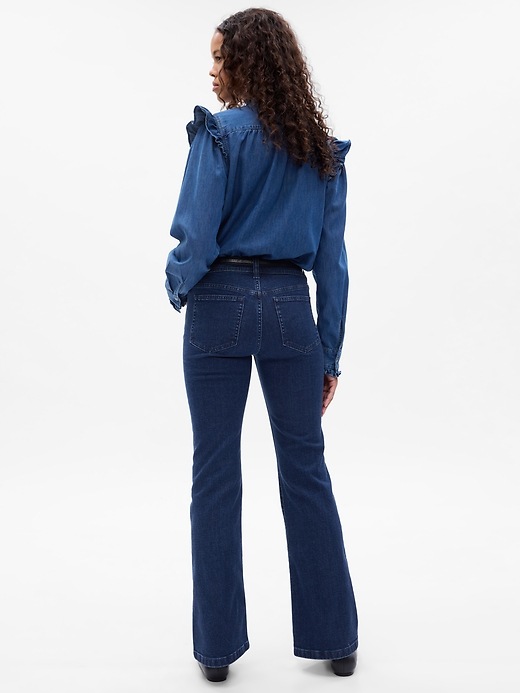 2 of 8 showing, with the color dark indigo of product Low Rise '70s Flare Jeans