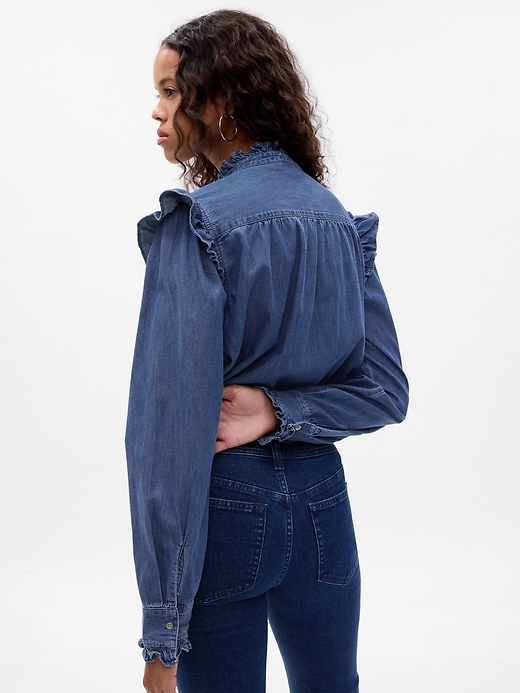 2 of 8 showing, with the color medium indigo of product Ruffle Denim Shirt