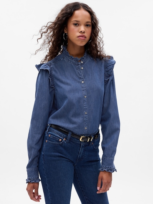 1 of 8 showing, with the color medium indigo of product Ruffle Denim Shirt
