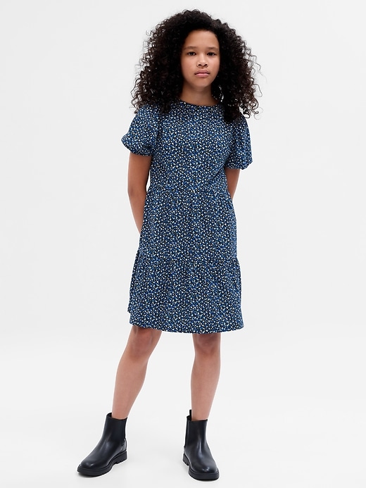 1 of 8 showing, with the color floral blue of product Kids Puff Sleeve Tiered Dress