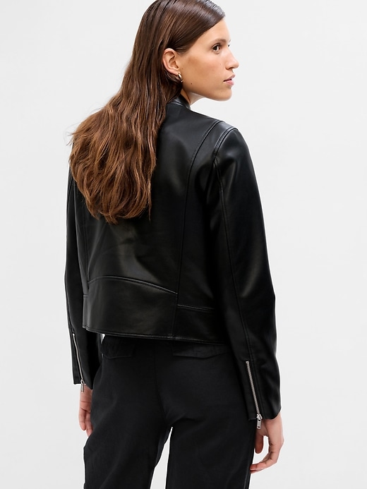 2 of 8 showing, with the color black faux leather of product Vegan Leather Cropped Moto Jacket