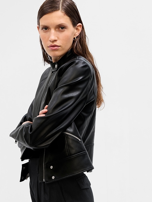 Image number 3 showing, Vegan Leather Cropped Moto Jacket