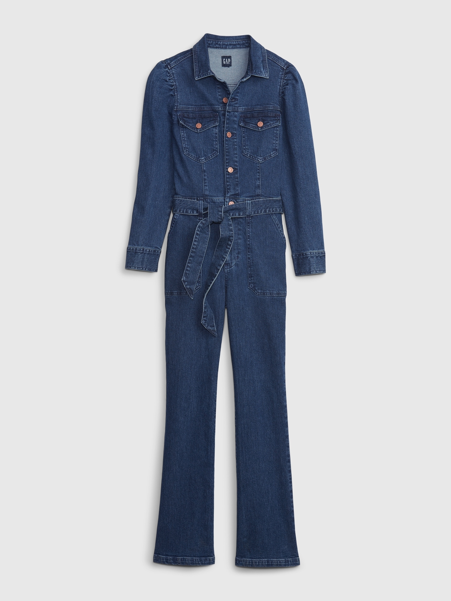 Puff Sleeve Tie Waist Medium Wash Denim Jumpsuit