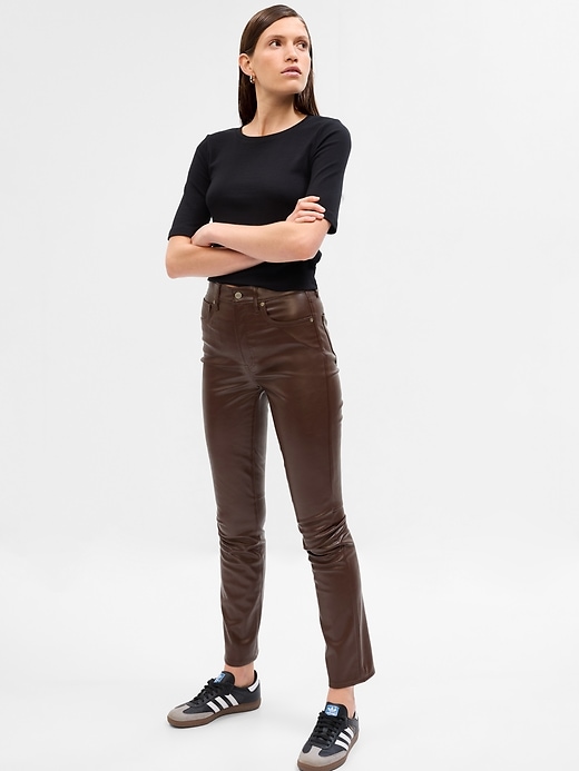 1 of 8 showing, with the color espresso brown of product High Rise Vegan Leather Vintage Slim Pants