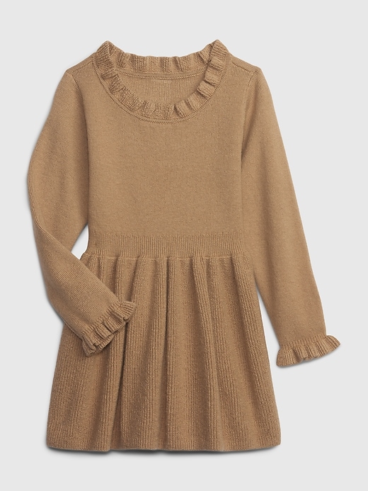 1 of 8 showing, with the color brown of product Toddler CashSoft Ruffle Sweater Dress