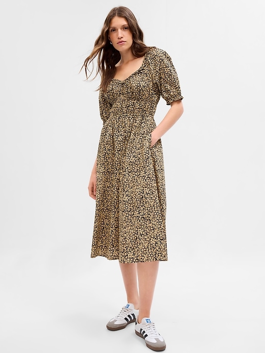 1 of 8 showing, with the color khaki tan & black floral of product Puff Sleeve Midi Dress