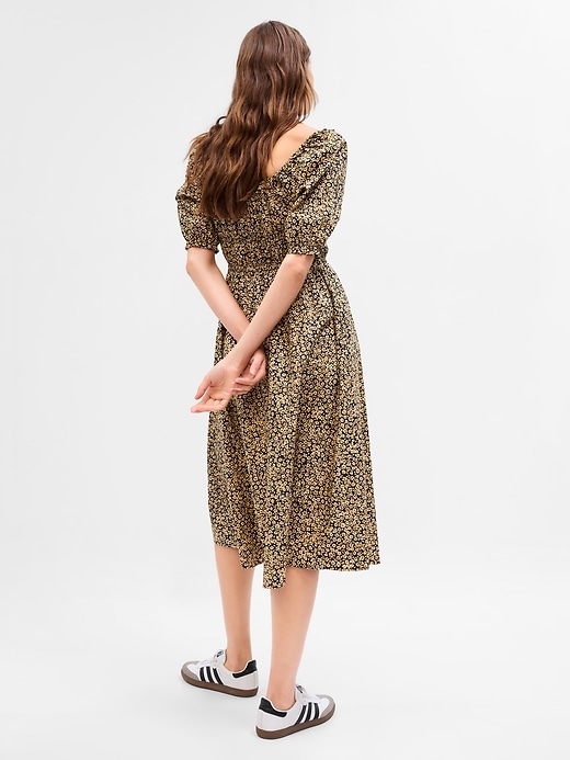 2 of 8 showing, with the color khaki tan & black floral of product Puff Sleeve Midi Dress