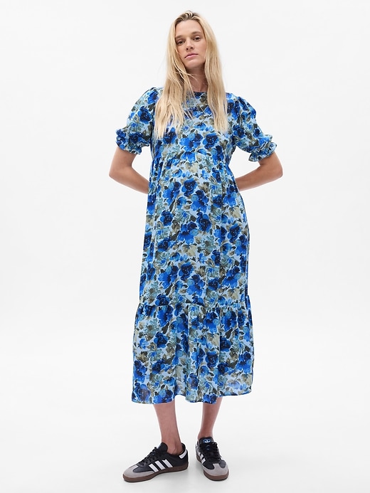 1 of 8 showing, with the color blue floral of product Maternity Puff Sleeve Midi Dress