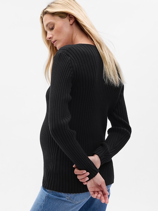 2 of 8 showing, with the color true black of product Maternity Lightweight V-Neck Rib Sweater