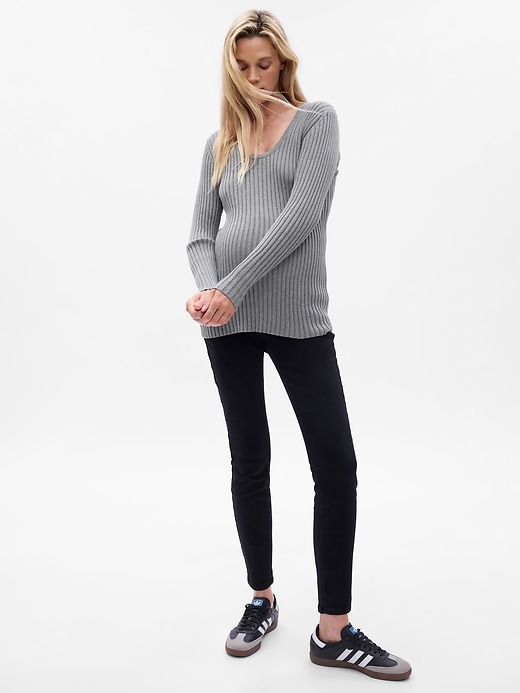 1 of 8 showing, with the color heather grey of product Maternity Lightweight V-Neck Rib Sweater