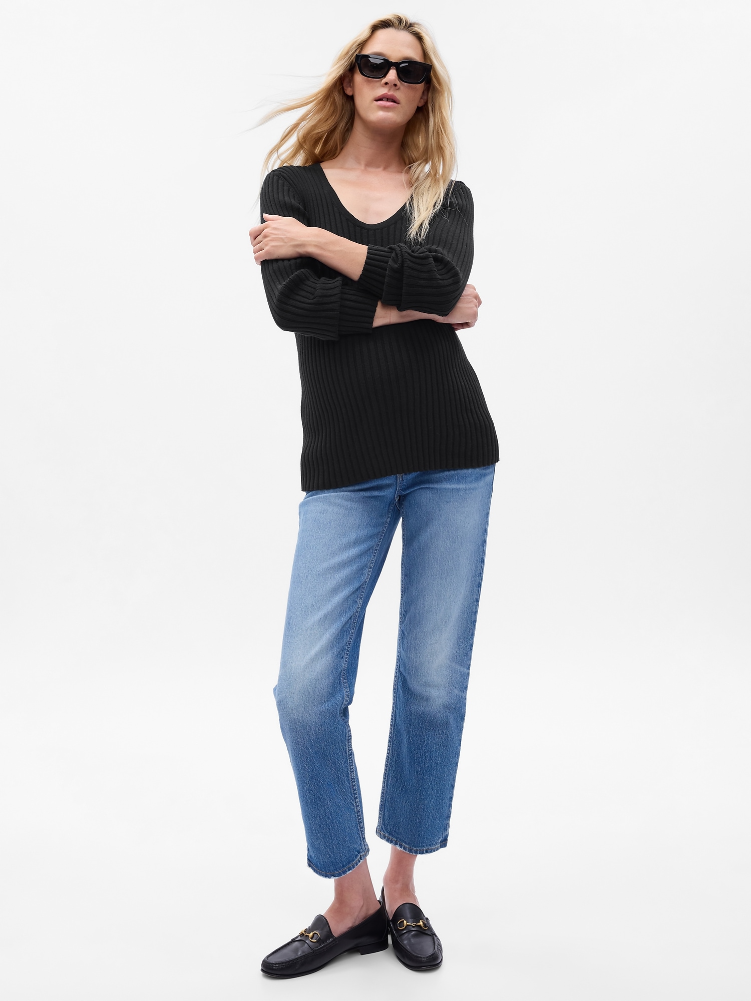 GAP Women's Ribbed V-Neck Sweater With Volume Sleeves - Easy-Care Everyday Essential - View #11