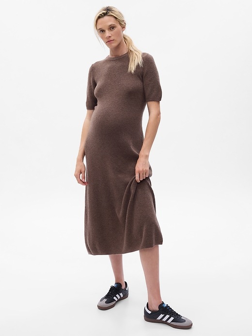 1 of 8 showing, with the color cozy brown of product Maternity CashSoft Midi Sweater Dress
