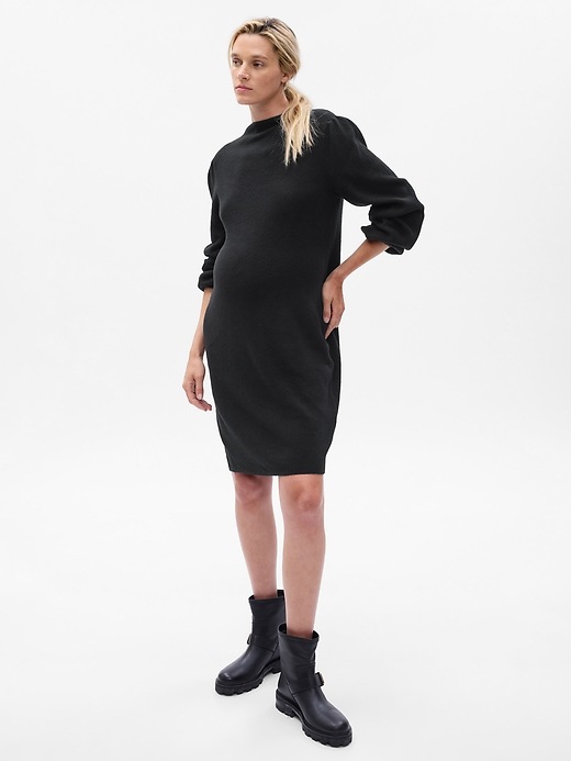 1 of 8 showing, with the color true black of product Maternity CashSoft Turtleneck Mini Sweater Dress