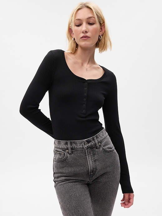 1 of 8 showing, with the color black of product Modern Rib Henley Bodysuit
