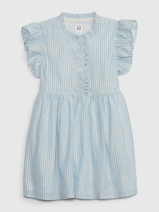 1 of 8 showing, with the color white blue stripe of product Toddler Metallic Stripe Ruffle Dress