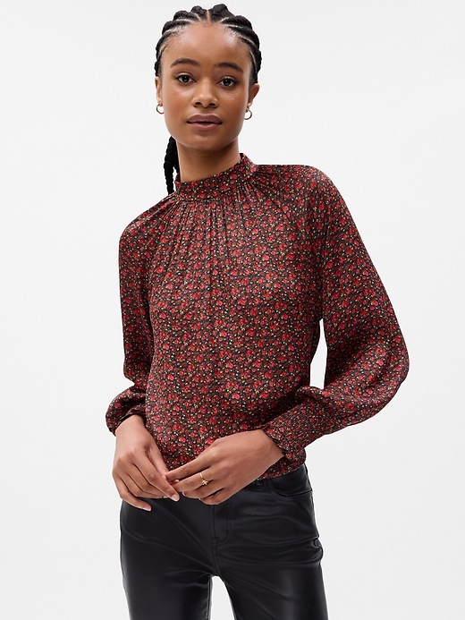 1 of 8 showing, with the color red floral print of product Satin Mockneck Shirt