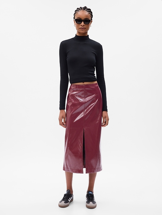 1 of 8 showing, with the color deep garnet red of product Vegan Leather Midi Skirt
