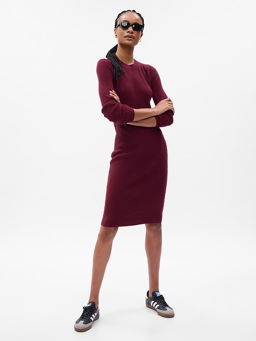 1 of 8 showing, with the color deep garnet purple of product CashSoft Midi Sweater Dress