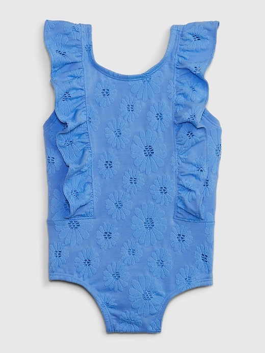 1 of 8 showing, with the color shirting blue of product Toddler Recycled Textured Ruffle Swim One-Piece