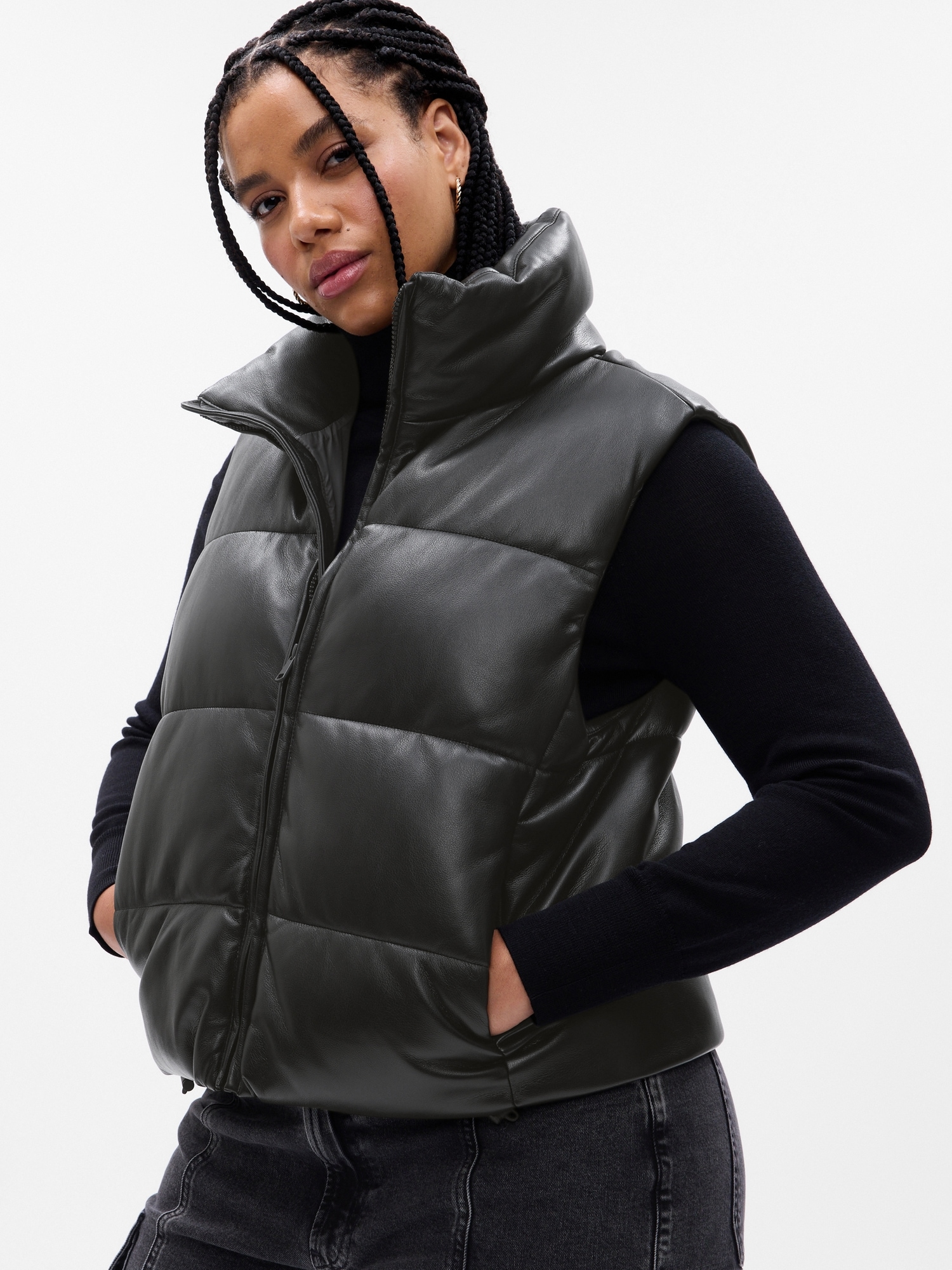 Petite Black Faux Leather Puffer Gilet