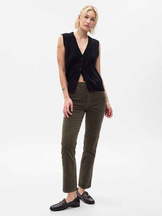 1 of 8 showing, with the color deep green of product High Rise Corduroy Vintage Slim Pants