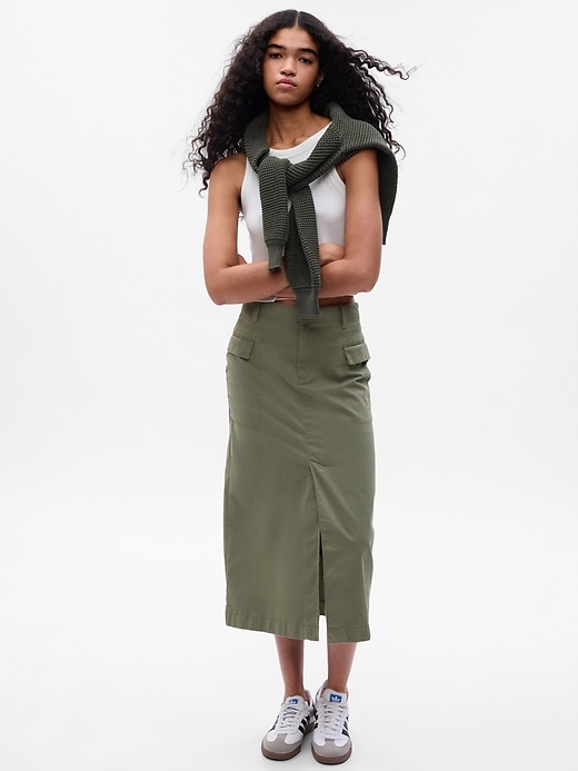 1 of 8 showing, with the color mesculen green of product Utility Midi Skirt