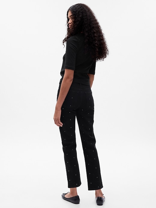 Image number 2 showing, High Rise Rhinestone Cheeky Straight Jeans