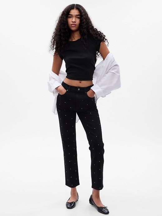 Image number 1 showing, High Rise Rhinestone Cheeky Straight Jeans