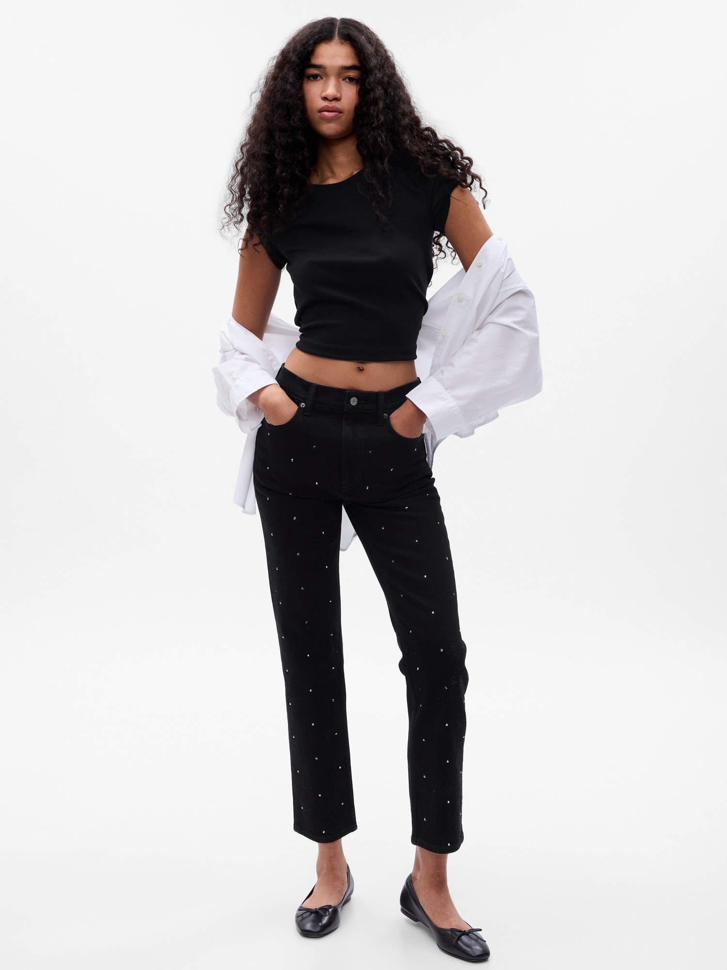 Gap High Rise Rhinestone Cheeky Straight Jeans With Washwell In Black