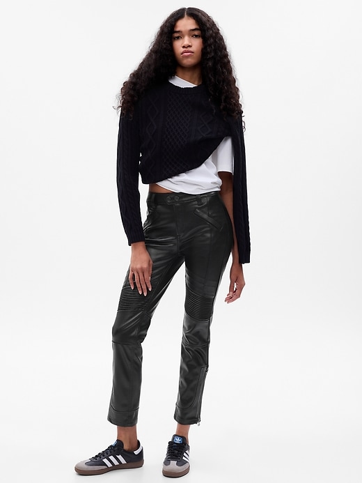 1 of 8 showing, with the color true black of product Mid Rise Vegan Leather Moto Vintage Slim Pants