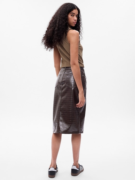 2 of 8 showing, with the color dark brown of product Textured Faux-Leather Pencil Midi Skirt
