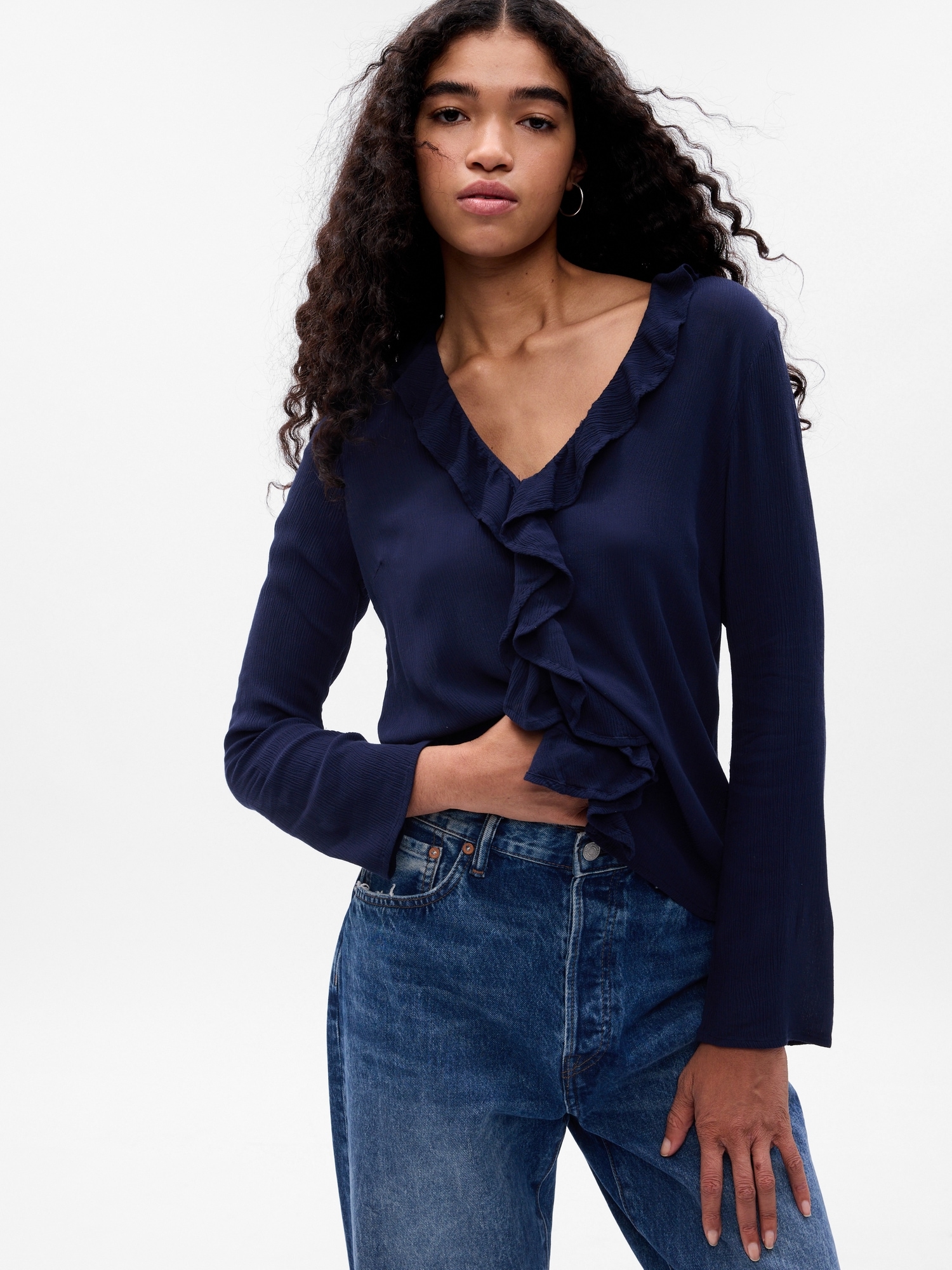 Ruffle V Neck Shirt Gap